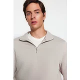 Trendyol Men's Gray Men's Regular/Regular Fit Stand Up Collar Zippered Cotton Basic Sweatshirt