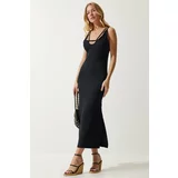 Happiness İstanbul Women's Black Strappy Slit Summer Ribbed Knitted Dress