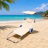 LEAN zložljivo ležišče za plažo in vrt s kolesi, nastavljivim senčnikom in blazino – krem | Shoptok.si