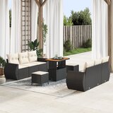  9-delni vrtni sofa set vidaXL z blazinami Črn Poli ratan Akacija | Shoptok.si