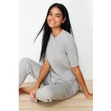 Trendyol Gray Cotton Ribbed Slit Detailed Knitted Pajamas Set Cene