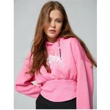 Koton Printed Hoodie and Sweatshirt with Corset Detail at the Waist.