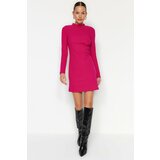 Trendyol Fuchsia Stand-Up Collar, Fitted, Knitted Mini Dress with Pleats Cene
