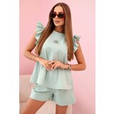 Kesi Włoski Women's set with a frill – a short-sleeved blouse and shorts with an elastic band dark mint | Shoptok.si