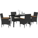 vidaXL 5-delna vrtna jedilna garnitura z blazinami Črna ratan, Vrtna miza Črna 140x80x73 cm Temperirano steklo | Shoptok.si