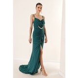 By Saygı Rope Straps with a slit in the front and Draped Crystal Fabric Long Dress with Chain Detail. Cene