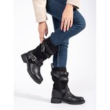 Shelvt Women's black low-heeled ankle boots with buckles Cene