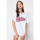 Trendyol White 100% Cotton Printed Oversize/Wide Fit Stand Collar Knitted T-Shirt