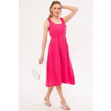 armonika Women's Fuchsia Dekatria Dress with Elastic Waist and Straps and Pockets Linen Look Midi Size