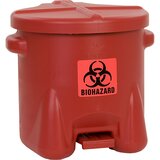 Justrite Varnostna PE-posoda za odstranjevanje biološko nevarnih odpadkov, nalepka za biološko nevarnost BIOHAZARD, prostornina 38 l, s pedalom, rdeče | Shoptok.si