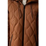  Women's Brown Hooded Quilted Coat with Pockets Cene