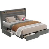 Lumor Dvoposteljna postelja 160x200 cm - USB, 4 predali, shranjevanje, okrašen okvir iz žameta - siva, (22151325) | Shoptok.si