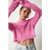 Happiness İstanbul Women's Pink Ripped Detail Knitwear Crop Sweater Cene