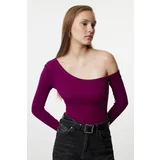 Trendyol Purple Fitted Off Shoulder Corded Cotton Stretch Knitted Blouse