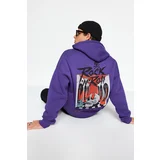 Trendyol Purple Men's Oversize Fit Rock Print Sweatshirt with Soft Pile Hood.