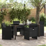 vidaXL set od 5 dijelova za objedovanje u vrtu s jastučićima crni poli ratan, vrtni stol crni 160x80x73 cm kaljeno staklo | shoptok.hr