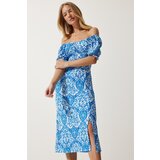  Women's Blue White Elastic Carmen Collar Summer Viscose Dress | Shoptok.si