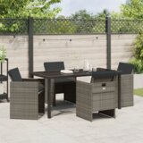 vidaXL 5-delna vrtna jedilna garnitura s blazinami siva poli ratan, vrtna miza črna 160x80x73 cm kaljeno steklo | Shoptok.si