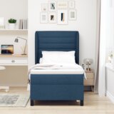 Plavi Box Spring Krevet s Madracem 100x200 cm Tkanina Cijene