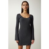Happiness İstanbul Women's Gray Boat Neck Ribbed Saran Knitted Dress Cene