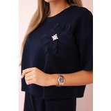 Kesi Włoski Buttery fabric set blouse with a flower + pants navy blue | Shoptok.si