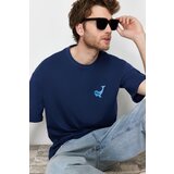 Trendyol Navy Blue Men's Oversize Animal Embroidery Printed 100% Cotton T-Shirt Cene
