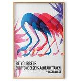  Plakat - Colorful Repetition - three flamingo silhouettes with an inspiring quote 40x60 Zlatni okvir | shoptok.hr