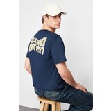 Trendyol navy blue men's relaxed fit ribbed text back printed 100% cotton t-shirt Cene