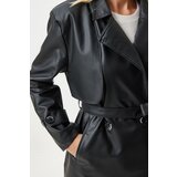  Women's Black Faux Leather Double Breasted Collar Short Trench Coat | Eponuda.ba