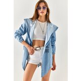 Olalook Women's Blue Cape Collar Pocket Belted Denim Jacket Cene