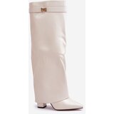 Boto FB2 Women's Eco Leather Boots With Rolled Shaft On Heel Light Beige Avamora | shoptok.hr