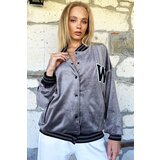 Trend Alaçatı Stili Women's Gray W Embroidered Ribbed Corduroy Bomber Jacket Cene