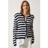  Women's Ecru Navy Blue Striped Knitwear Cardigan with Waistcoat | shoptok.hr