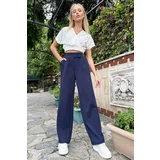 Trend Alaçatı Stili Women's Navy Blue High Waist Double Pockets Pleated Palazzo Pants with Snap Fastener