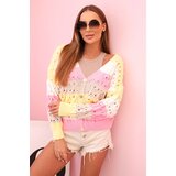 Kesi Włoski Women's striped openwork sweater with a V-neck yellow + pink | Shoptok.si