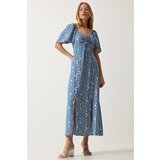  Women's Indigo Blue Slit Detailed Flounce Viscose Dress Cene