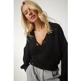 Happiness İstanbul Women's Black Ripped Detailed V-neck Knitwear Sweater Cene