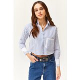 Olalook Women's White Saxe Blue Pocket and Cuff Detail Striped Crop Shirt cene