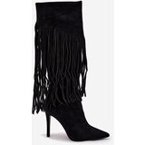 Boto Women's High Heel Boots with Fringes Black Isalune | Shoptok.si