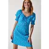 Happiness İstanbul Women's Light Blue Gathered V-Neck Patterned Knitted Dress cene