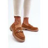 Kesi Women's eco suede loafers Camel Lighas with gold decoration cene