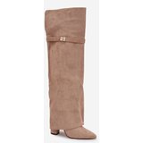 Boto Insulated boots with rolled-up shaft over the knee heel block beige Serelle | Shoptok.si