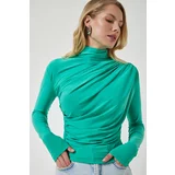 Happiness İstanbul Women's Light Green Gathered Detailed High Neck Sandy Blouse