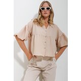 Trend Alaçatı Stili Women's Beige Balloon Sleeve Robe Gathered Kubra Cotton Crop Shirt | Shoptok.si