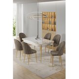 Hanah home trpezarijski set Rada, sto na razvlačenje i 6 stolica, ploča u dekoru belog mermera, zlatne noge, kapućino tkanina Babyface | Eponuda.com
