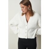 Happiness İstanbul Women's White Pearl Button Detailed Bearded Knitwear Cardigan Cene