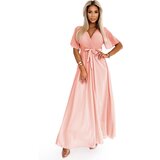 numoco basic 545-4 Long dress with pleated neckline and tie - peach color | Shoptok.si