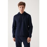 Avva Men's Navy Blue Sweatshirt Hooded Stretchy Soft Texture Interlock Fabric Standard Fit Regular Cut Cene