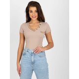 Fashion Hunters Dark beige ribbed blouse with short sleeves Cene