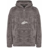 Trendyol Men's Gray Oversized Hoodie Long Sleeved Sweatshirt with Pockets. Thick Plush Mountains and Embroidery. Cene
